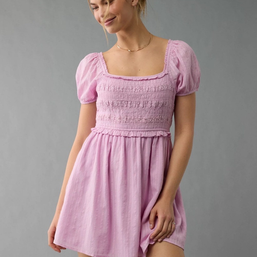 AE Pink Babydoll Dress with Pleated Skirt and Square Neck
